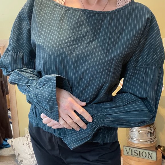 Walter Backer Chester Top Teal Long Sleeve Pinstripe Stripe Blouse Size large. - Picture 2 of 8